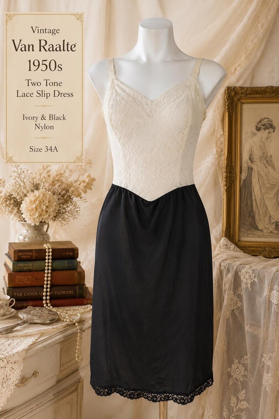 Vintage Van Raalte 1950s Two Tone Ivory Black Nylon Lace Slip Dress 34